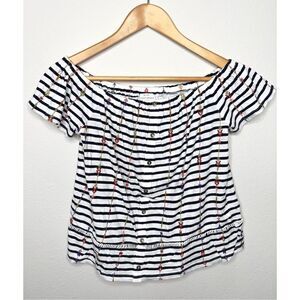 Lucky Brand Womens Black White Striped Embroidered Floral Off Shoulder Top Small